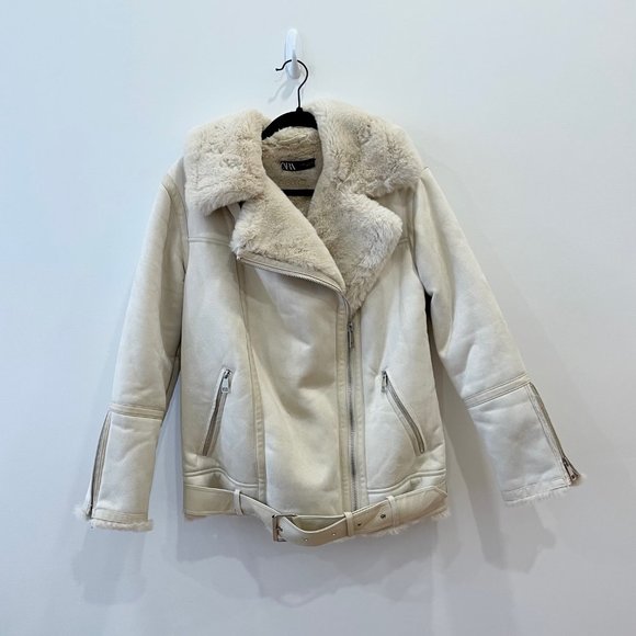 Zara white cream faux fur suede aviator jacket - Picture 1 of 3